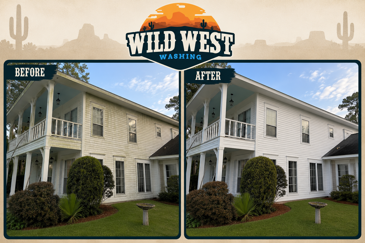 Before and after house soft wash — dirt and mildew removed from a white Louisiana home exterior